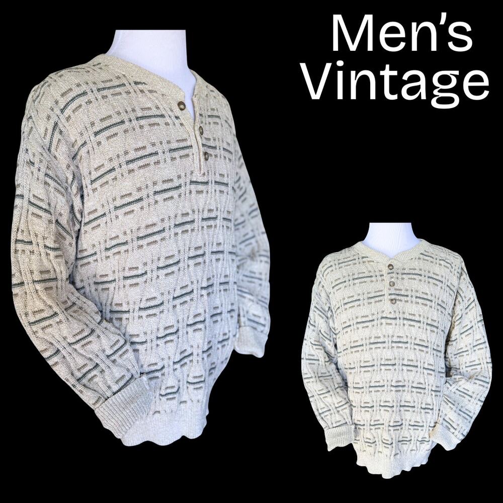 Vintage 80/90s Men's Henley Sweater Grandpa Dad Norm Grunge Nautical Alt Indie